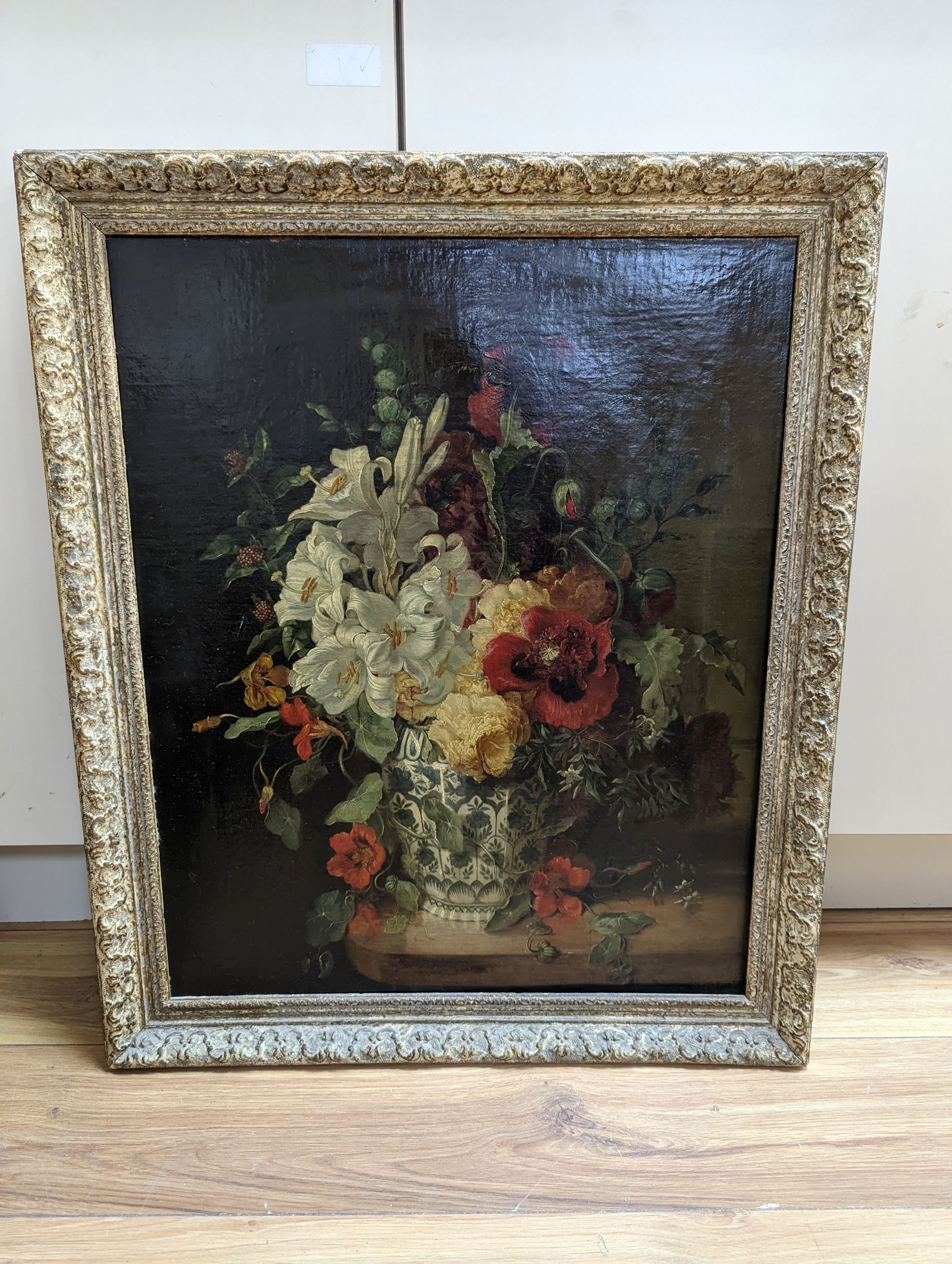 19th century English School, oil on canvas, Still life of flowers in a vase upon a table, 60 x 49cm